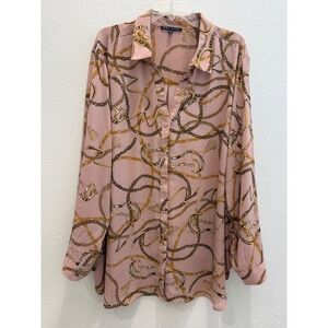 Como‎ Black Womens 3X Pink Chain Print Button Up Blouse Equestrian Tassel Bits